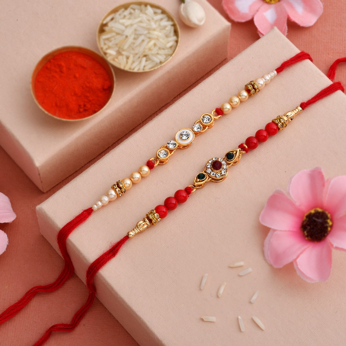 Golden pink Green chain bracelets Rakhi set 2 at ₹1150 | Azilaa